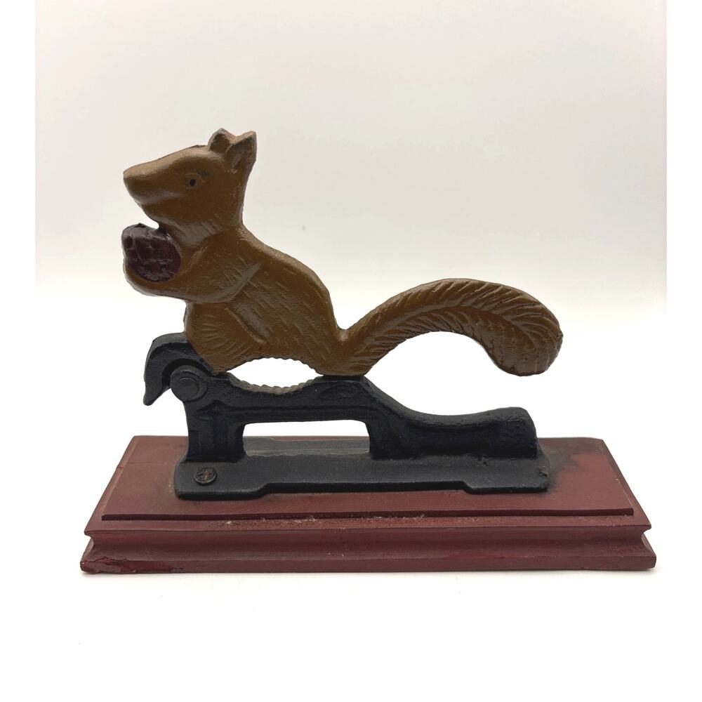 Vintage Cast Iron Squirrel with Acorn Nutcracker Wood Base Primitive Style Decor